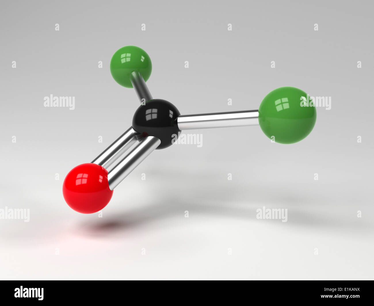 Molecular structure of phosgene showing carbon (black) chlorine (green