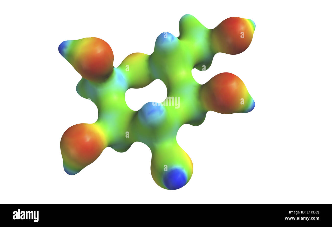 Glucose molecular model The coloured map represents the electrostatic potential across the molecule's surface. Stock Photo