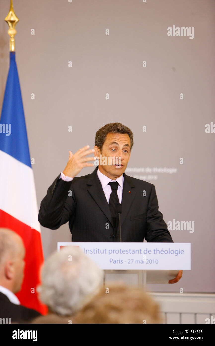 French president Nicolas Sarkozy giving a speech in a protestant institution Stock Photo