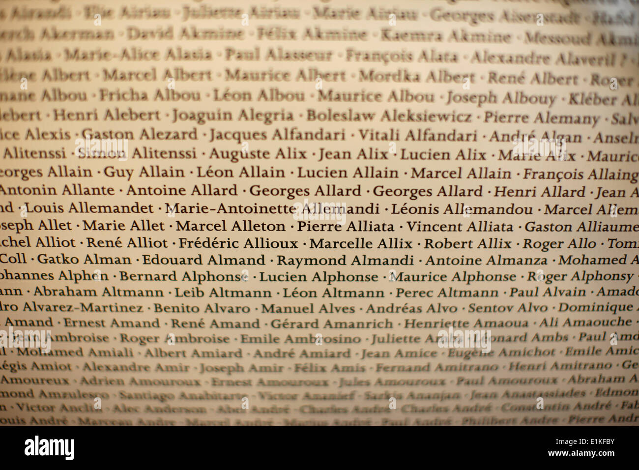 Wall of names at the Royallieu concentration camp memorial Stock Photo