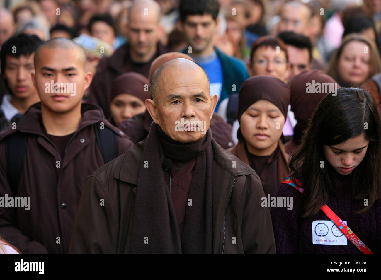 Walking meditation led by Thich Nhat Hanh in Paris Stock Photo