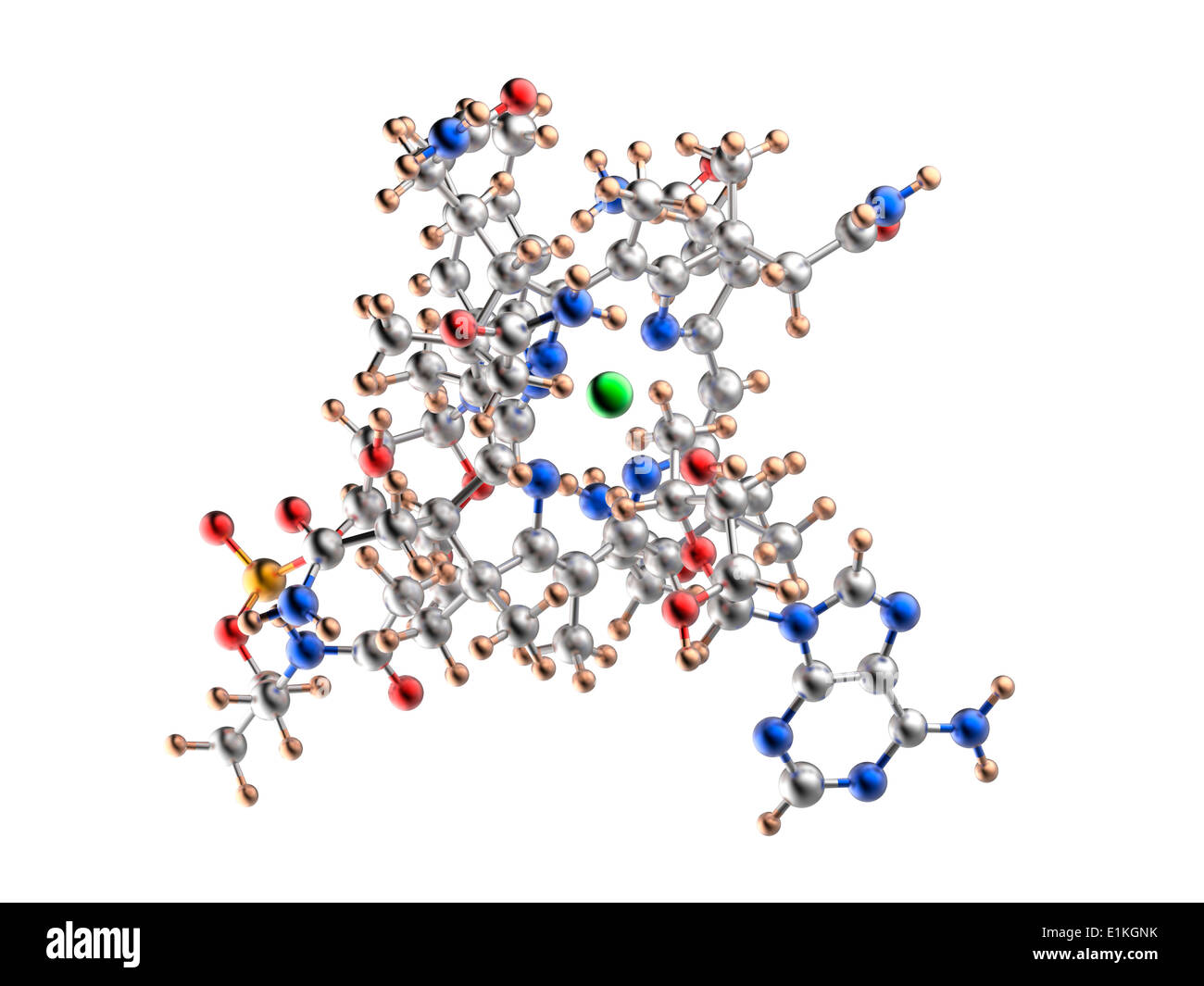 Vitamin B12 molecular model Vitamin B12(cobalamin) is an essential nutrient that humans are unable to produce and need to Stock Photo