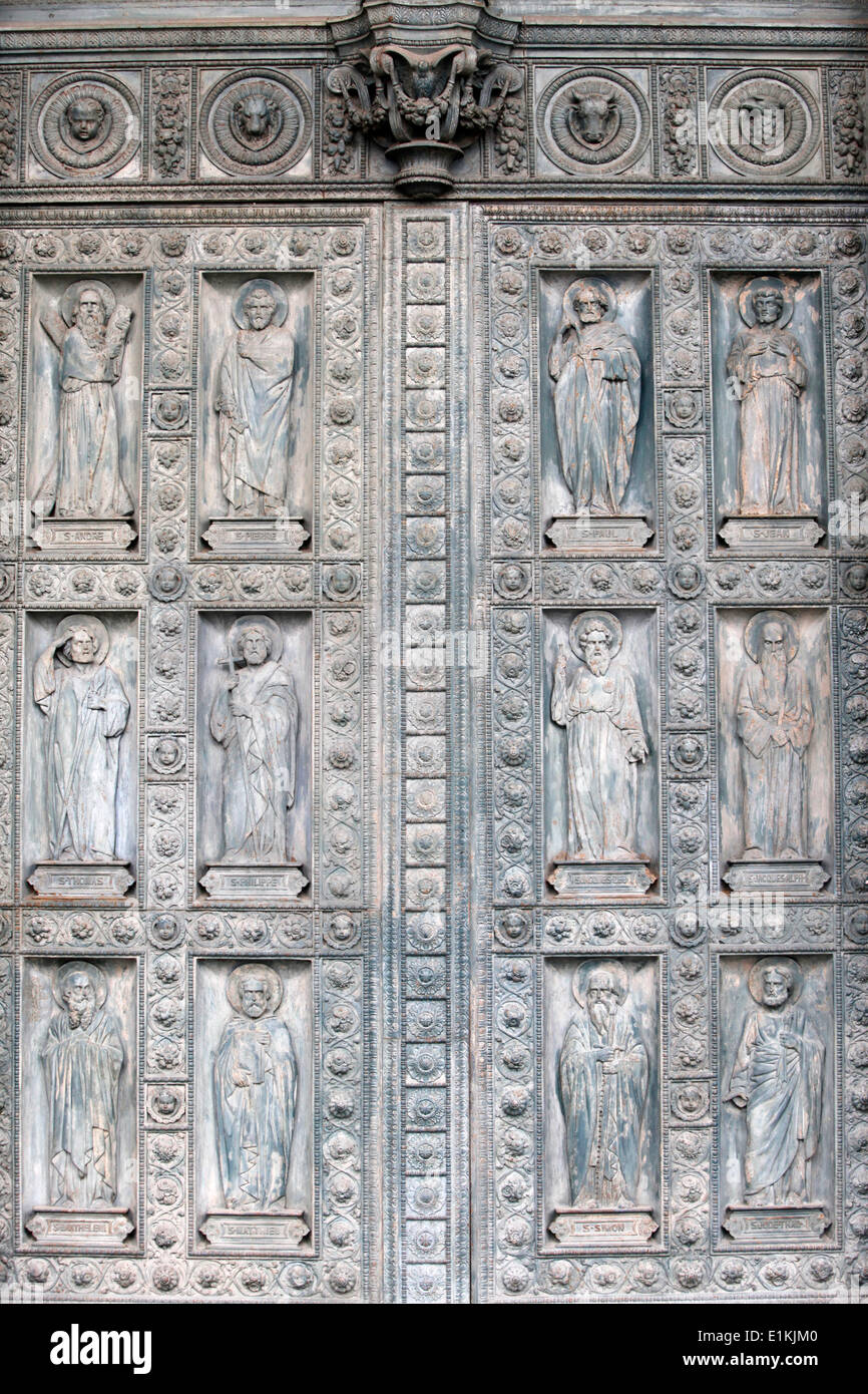 Paris, France Saint Vincent de Paul church door with sculptures depicting the 12 apostles Stock Photo