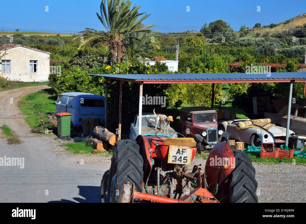 Vintage cars in the yard of country house in Lefka, Northern Cyprus