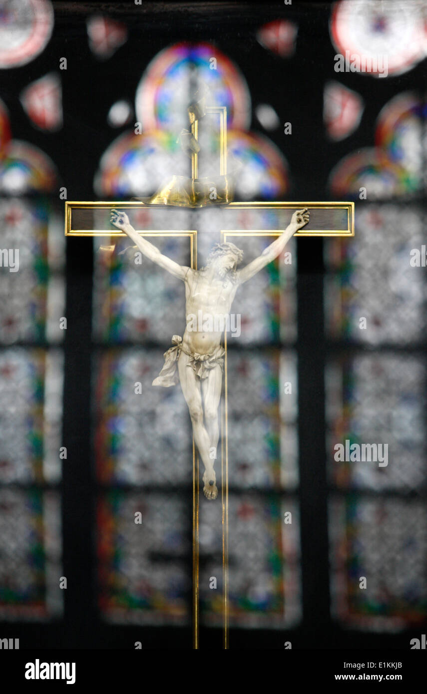 reflexion of a crucifix at  Notre-Dame-De-Paris cathedral Stock Photo