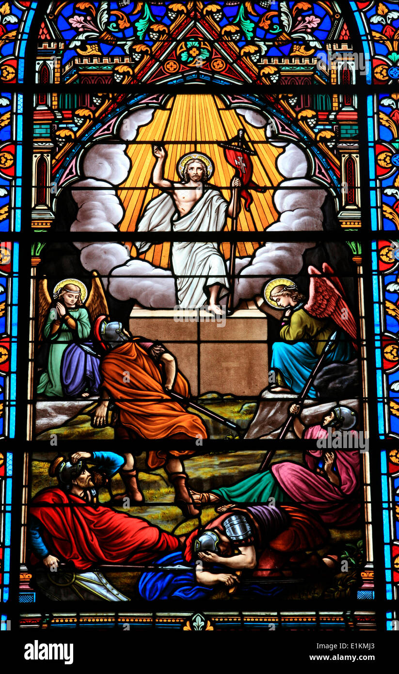 Stained glass window. The Resurrection of Christ Stock Photo: 69889403