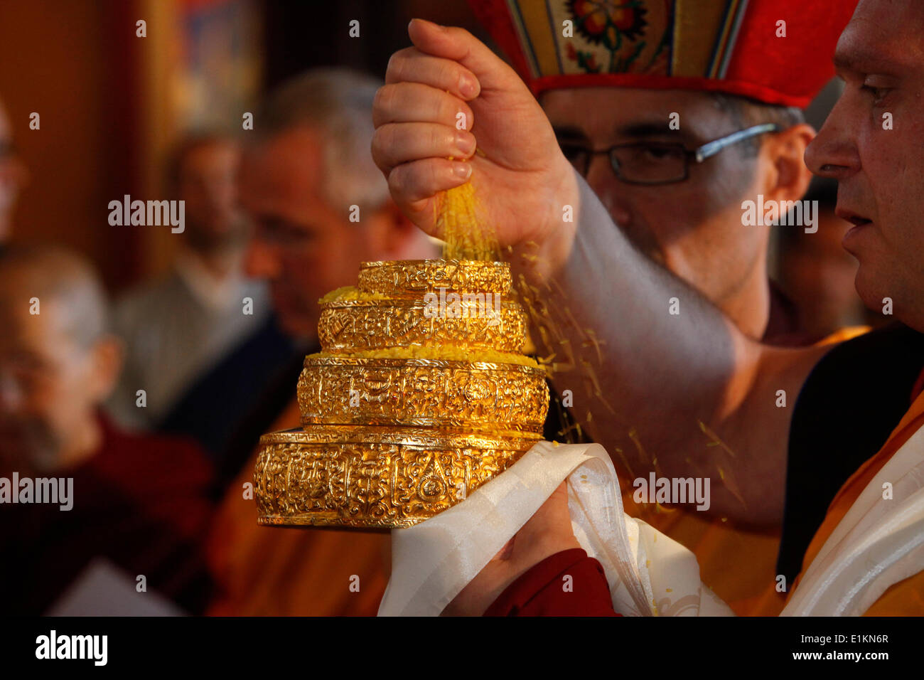Installation of Buddha's relics in the Vincennes Buddhist temple Tibetan mandala ritual Stock Photo