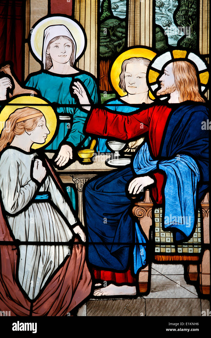 Stained glass at Saint-HonorŽ d'Eylau church : Martha and Jesus Stock Photo