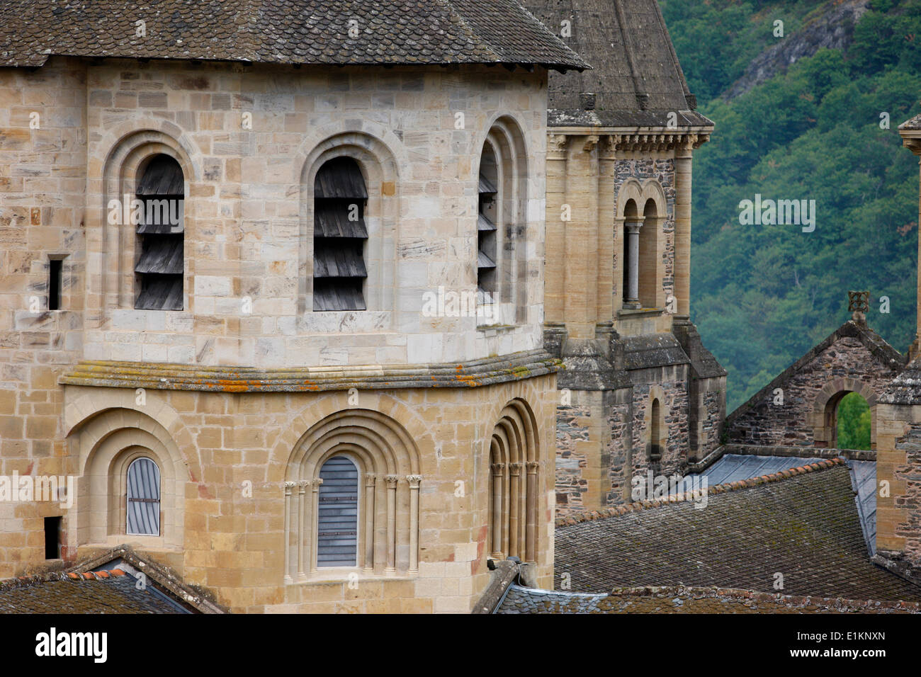 Sainte Foy abbey church  dŽcorŽe par les vitraux de Pierre Soulages. Stock Photo
