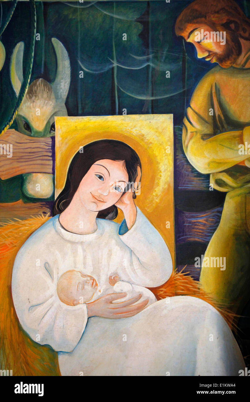 Nativity painting in Saint Philibert's cathedral, Tournus Stock Photo