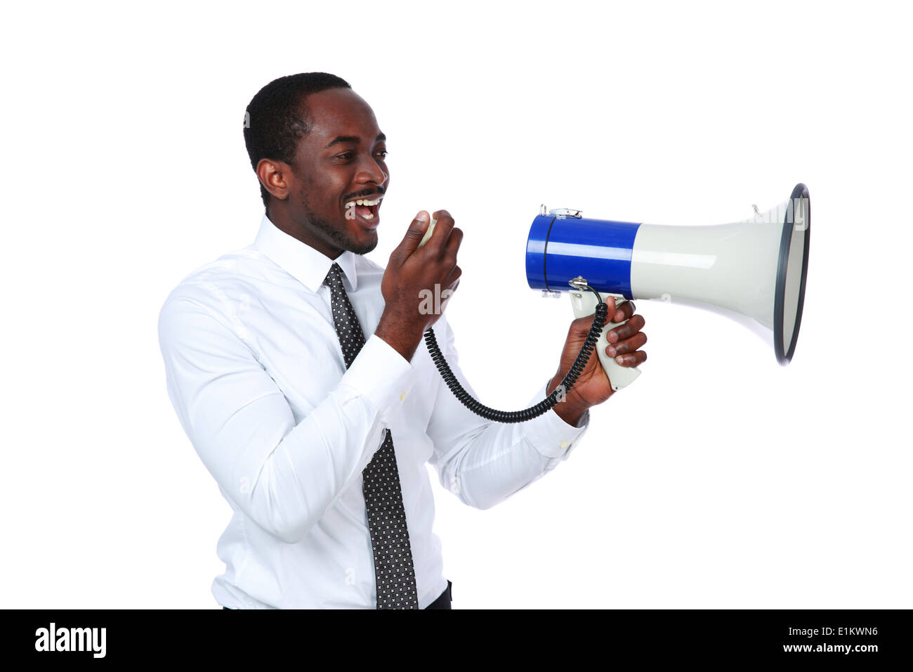 African man yelling through a megaphone isolated on a white background Stock Photo Alamy