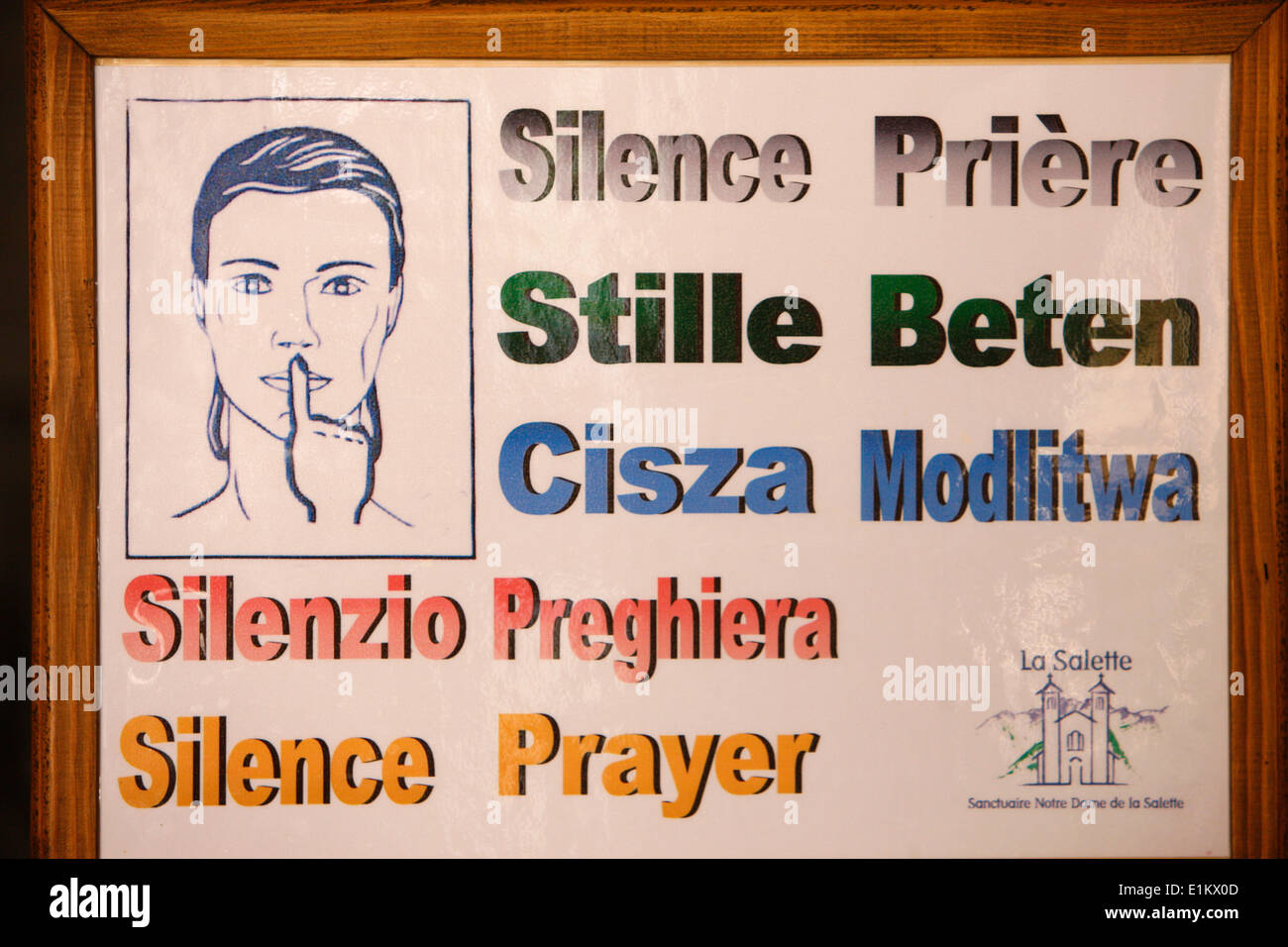 Shrine of Our Lady of la Salette.  Sign requesting silence Stock Photo