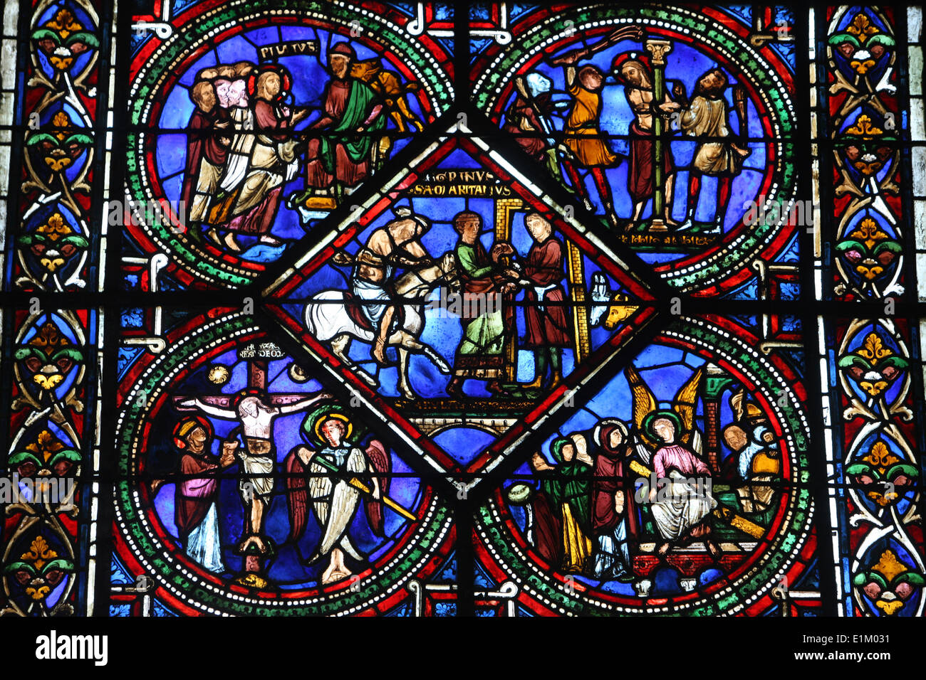 St Stephen's Cathedral. Stained glass depicting the life of Jesus Stock ...