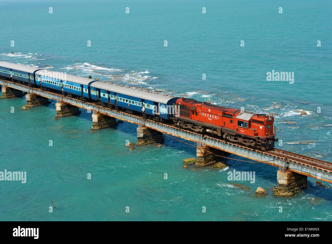 India, Tamil Nadu, Rameswaram, train bridge to Rameswaram island Stock Photo