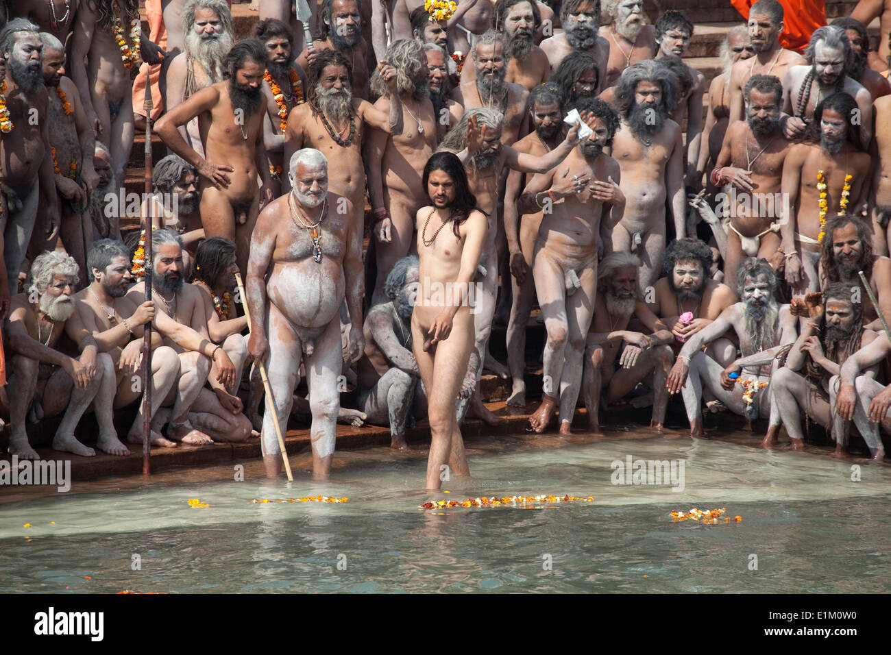 Naga sadhus on Har-ki-Pauri ghat about to take a dip in the river Ganges on  the occasion of 