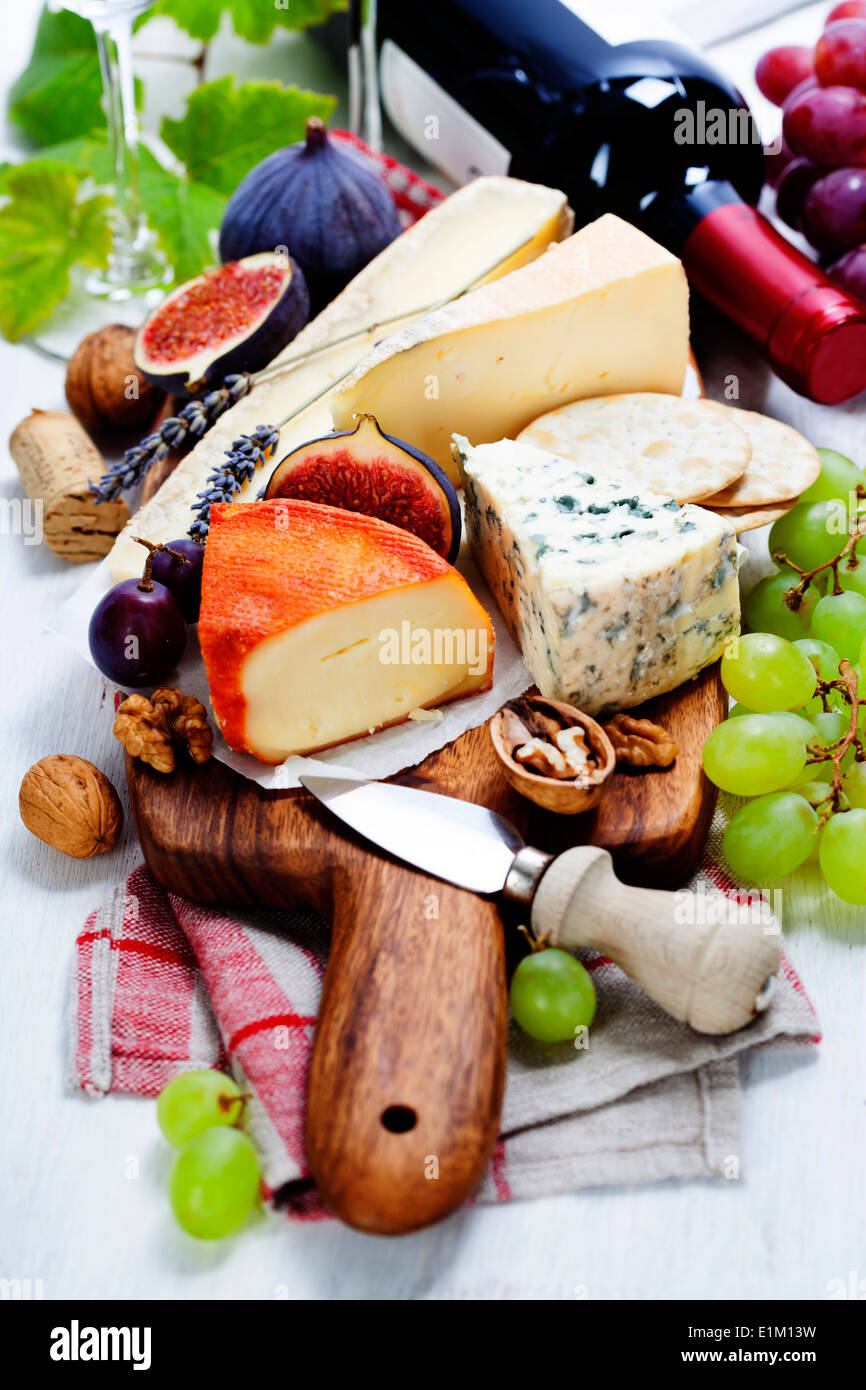 Wine and cheese plate - close up image Stock Photo