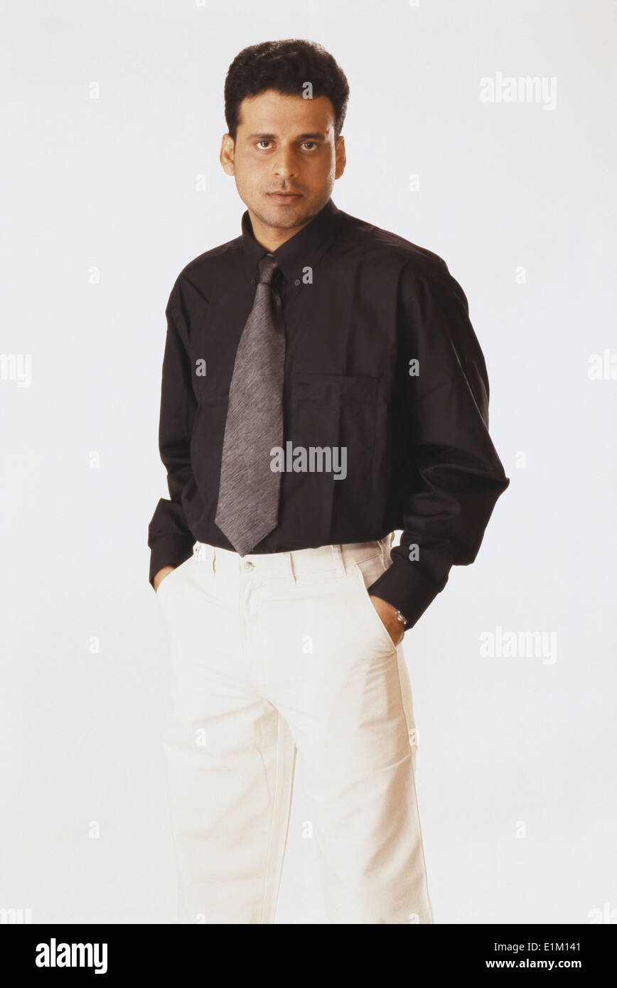 Portrait Of Indian Film Actor Manoj Bajpai Black Shirt White Pant