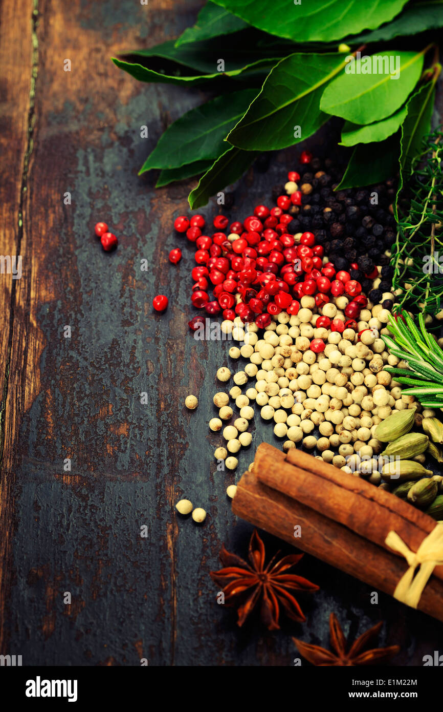 Spices and herbs over Wood. Food and cuisine ingredients Stock Photo