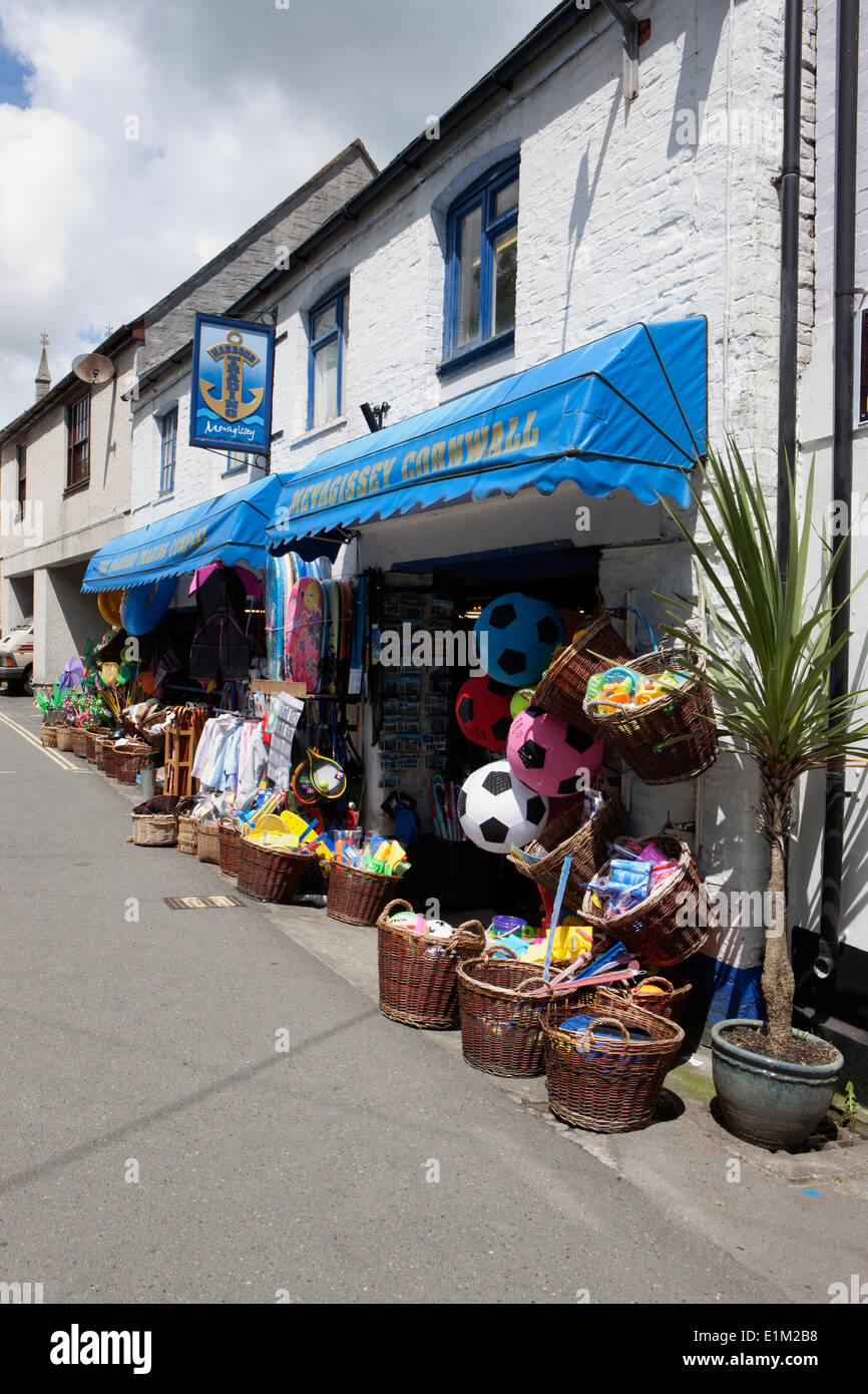 Goods on the pavement out side a tourist gifts shop in the cornish seaside town of Mevagissey Stock Photo