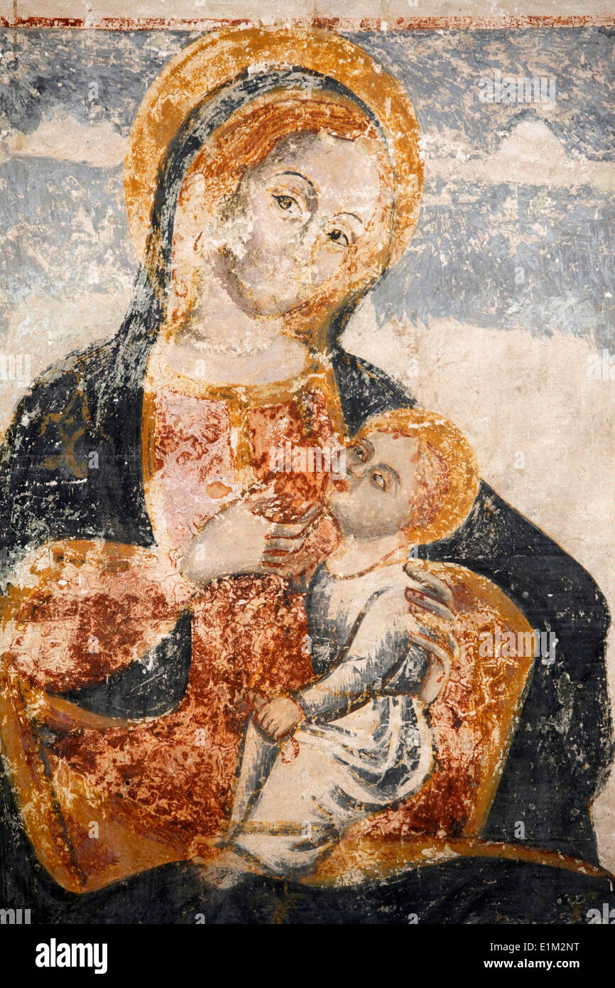 Decayed fresco in Santa Maria dell'Alizza church, Alezio, Apulia : Virgin and child Stock Photo
