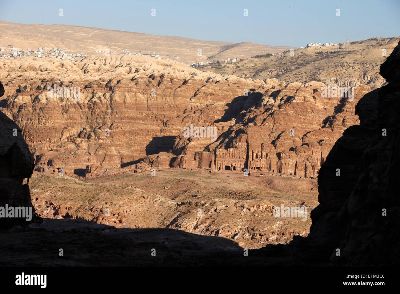 Petra archaeological site : Djebel Al-Khubtha Nabatean tombs and modern town Stock Photo