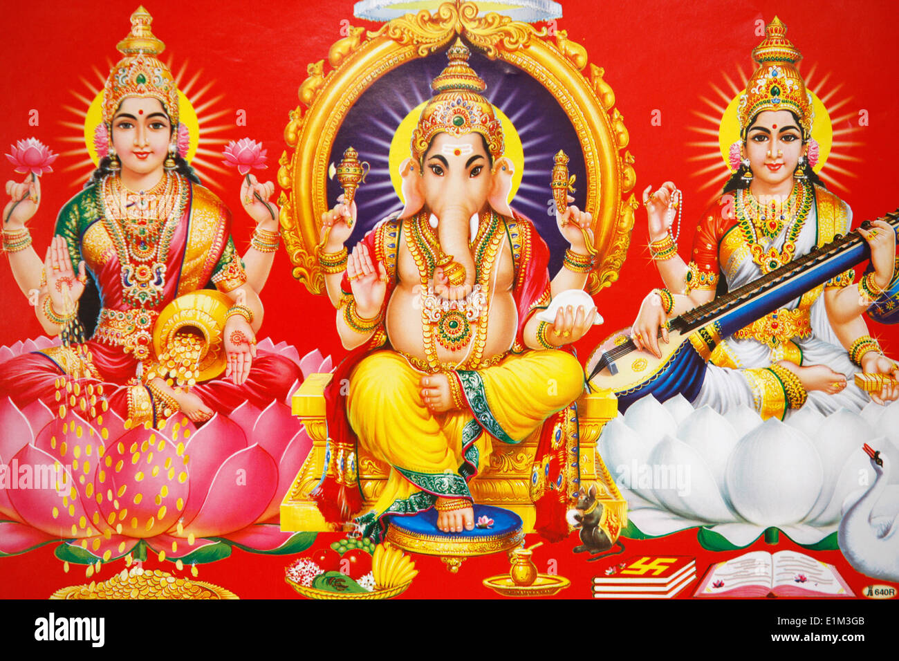 Hindu godess Laxmi, god Ganesh & goddess Saraswati (left to right) Stock Photo