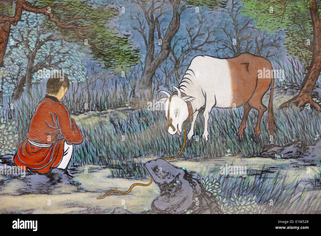 The ten Herding Pictures of Zen Buddhism represent the stages of enlightement.  Herding the ox. Stock Photo