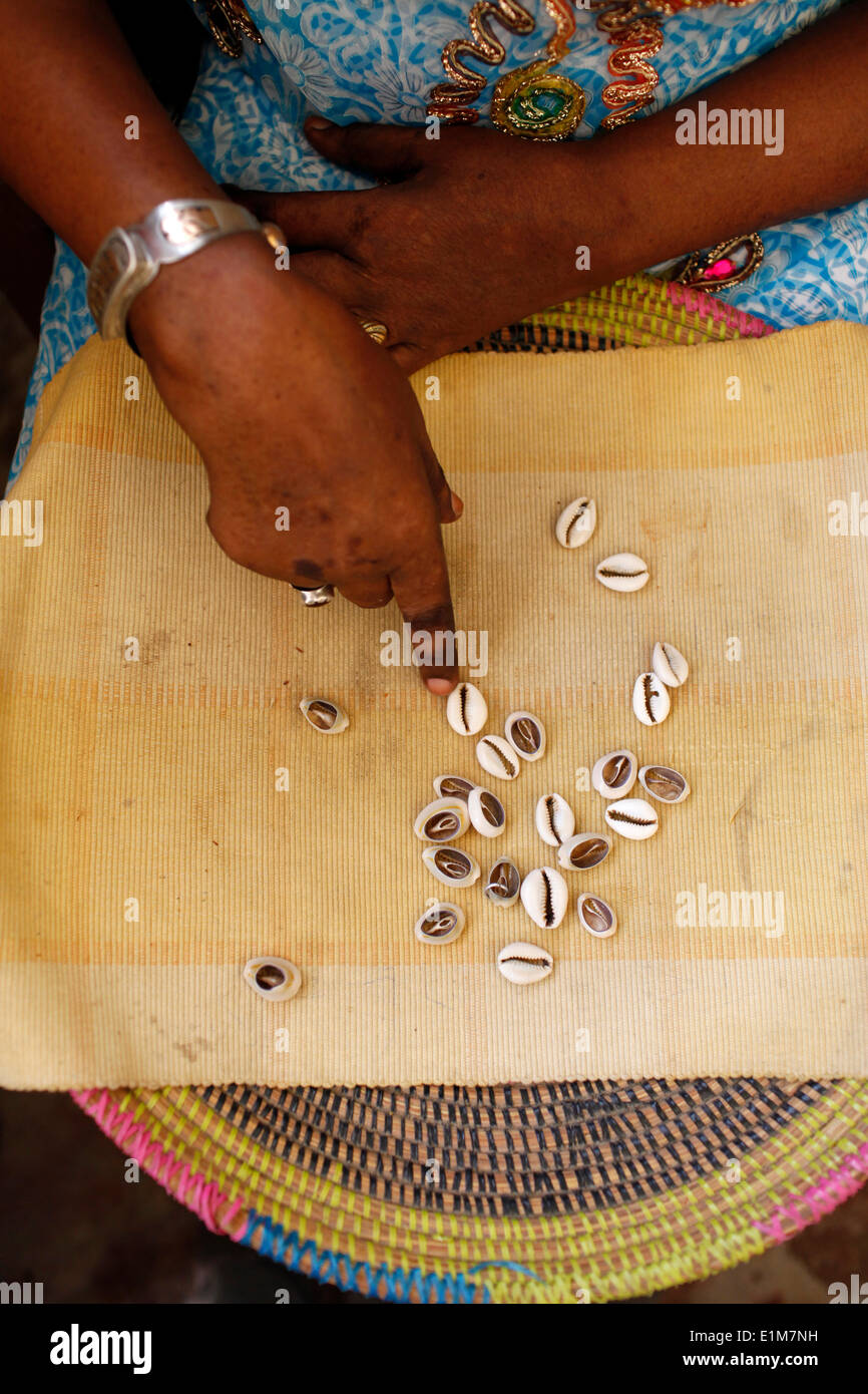 Fortune telling with cowrie shells Stock Photo