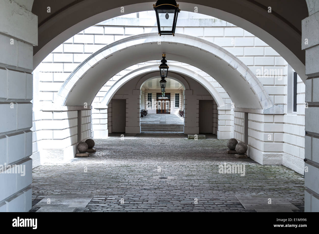 Arches and lamps at the Queen's House Greenwich England. Stock Photo