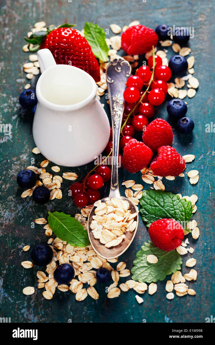 Healthy Breakfast.Oat flake, berries and fresh milk. Health and diet concept Stock Photo