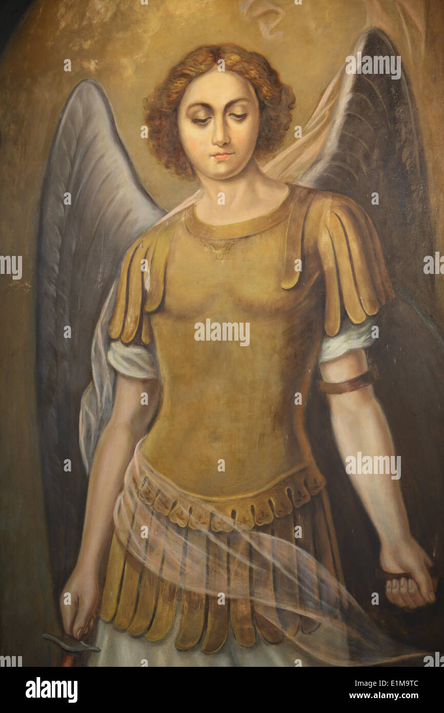 Angel painting in the Greek orthodox church of Aya Triada Stock Photo
