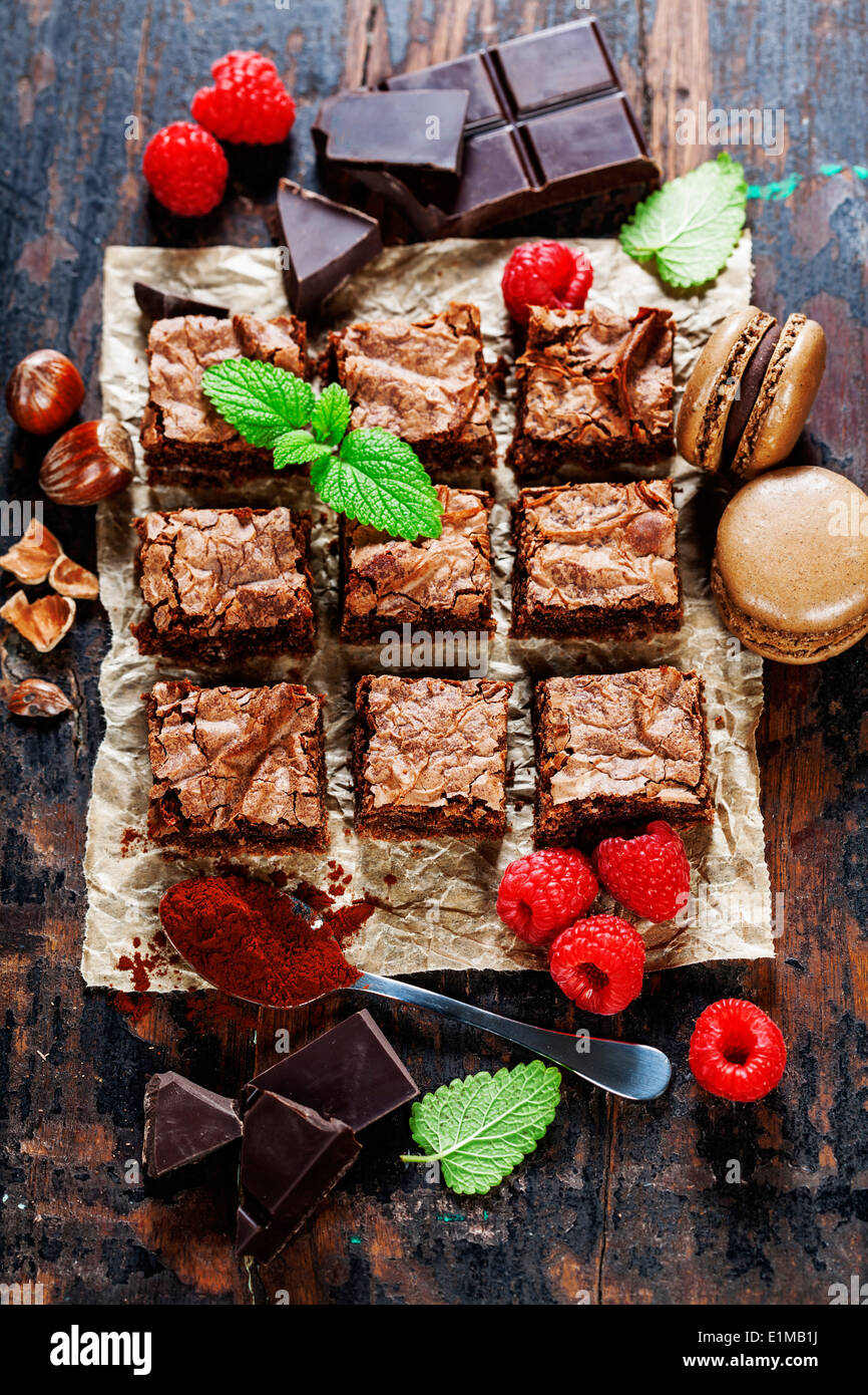 homemade brownie pieces on the board, food closeup Stock Photo