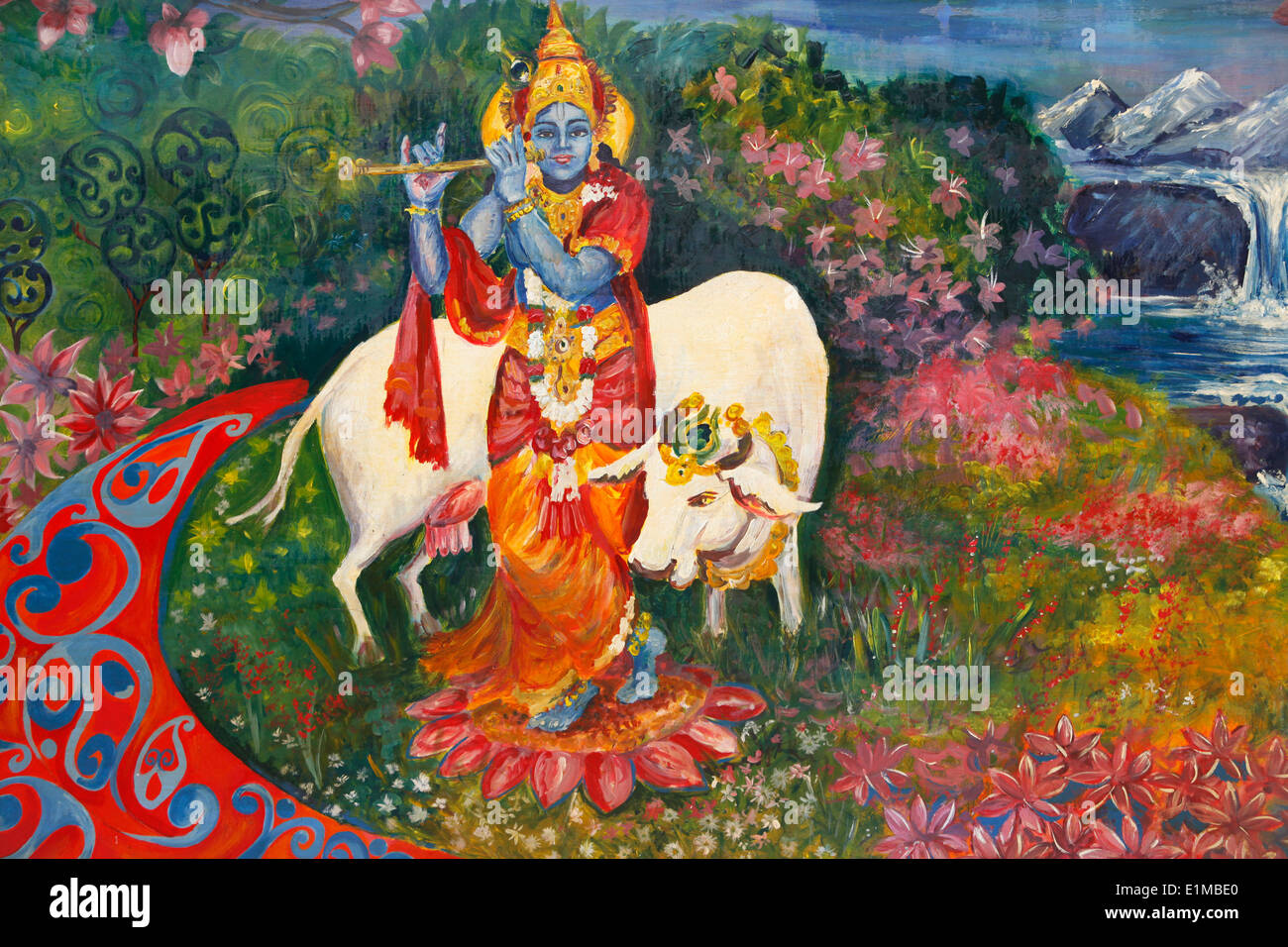 Bhaktivedanta Manor Painting depicting Krishna and a cow Stock Photo