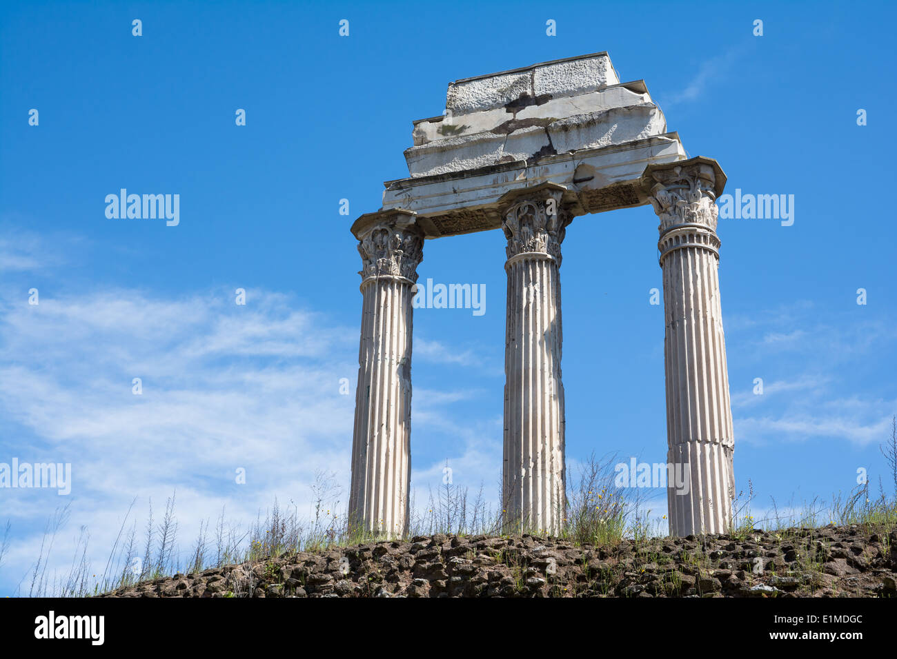 ruin of the temple of Castore and Polluce in the roman forum in rome Stock Photo