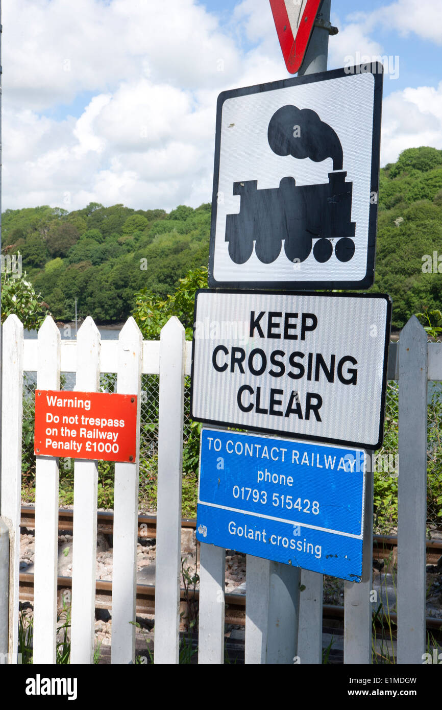 Signs for Unmanned Railway Level Crossing at Golant Cornwall, Stock Photo
