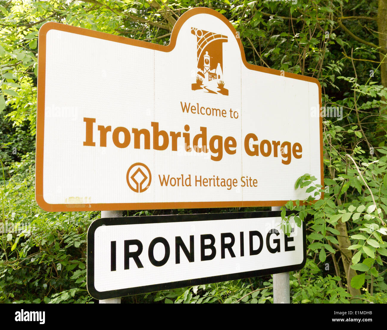 Road side sign informing drivers they are entering the famous town of Ironbridge in Telford Shropshire Stock Photo