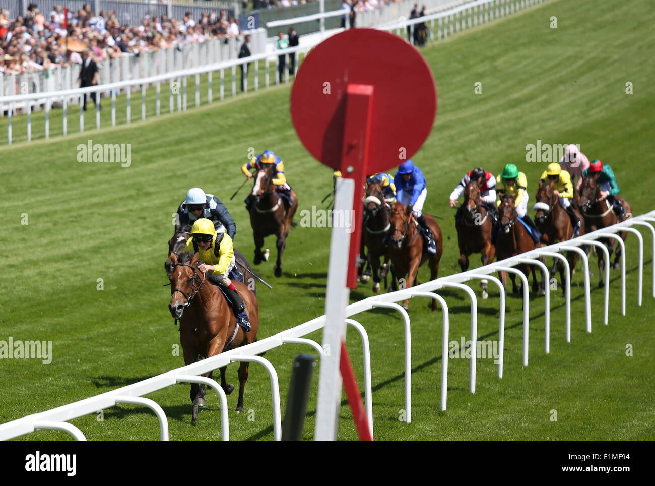 Epsom, UK. 06th June, 2014. Farraaj under Andrea Atzeni wins The Investec Wealth &amp; Investment Stakes during Ladies Day of the 2014 Epsom Derby Festival. Credit:  Action Plus Sports/Alamy Live News Stock Photo