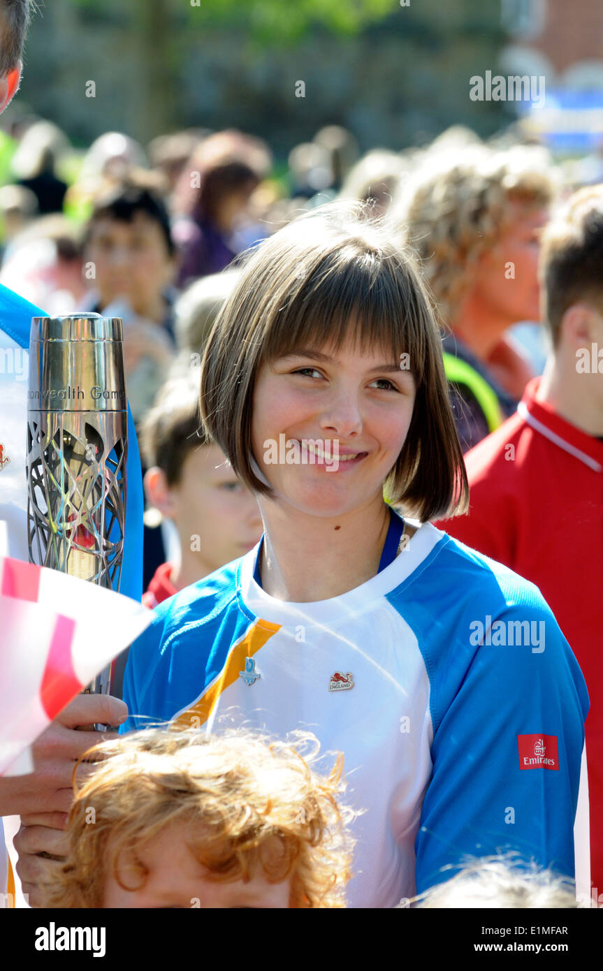 Millie Knight (15 yr old Paralympic partially-sighted skier) at the Queen's Baton Relay, Tonbridge, Kent, 5th June 2014 Stock Photo