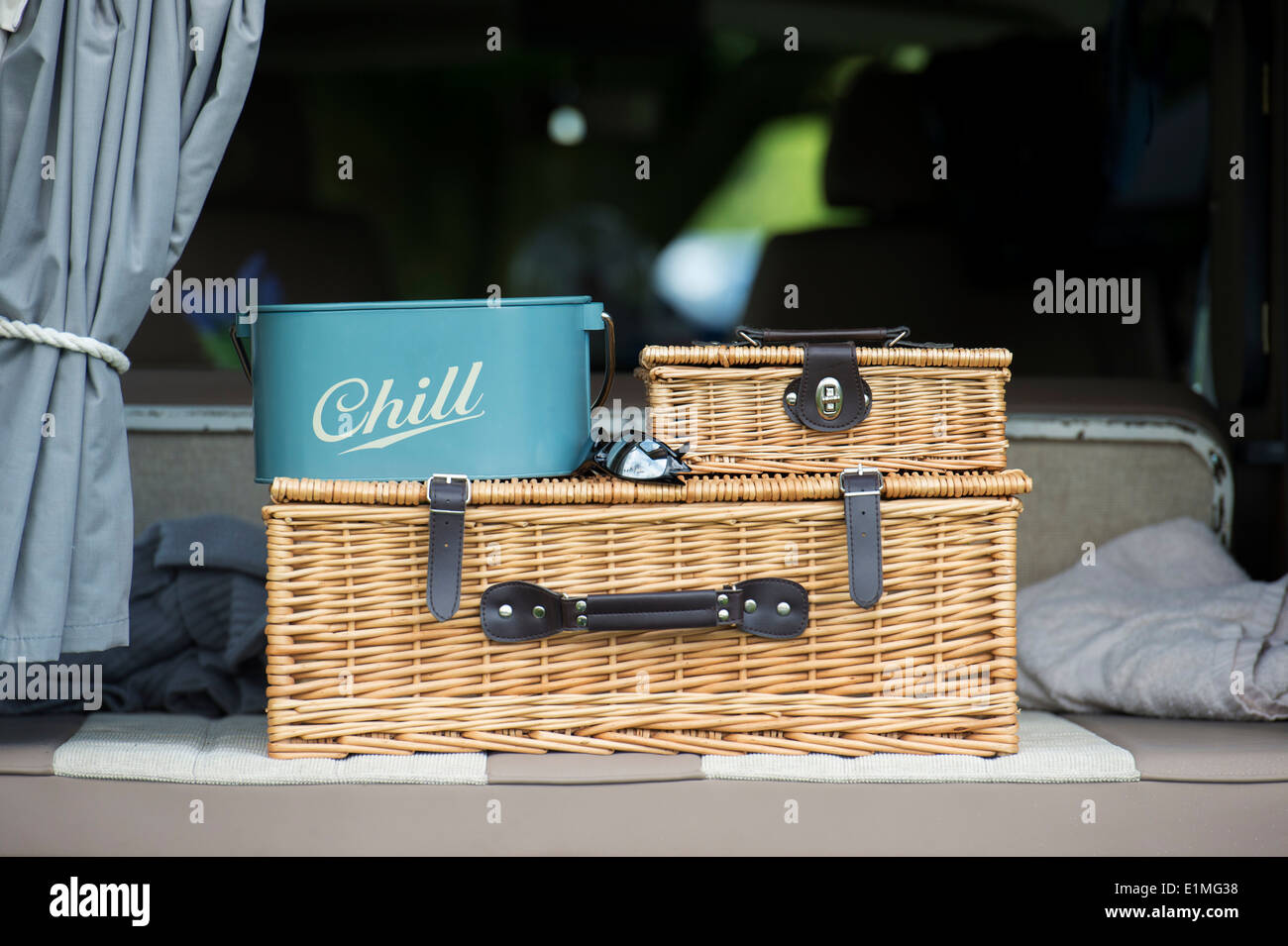 Picnic hampers in the back of a VW Campervan Stock Photo Alamy