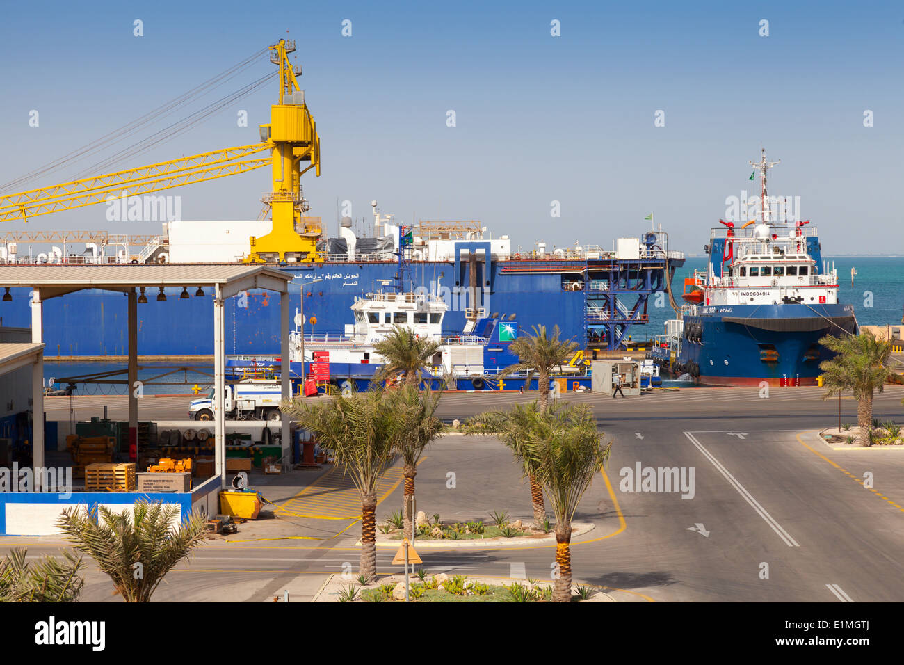 RAS TANURA, SAUDI ARABIA - MAY 14, 2014: Port view with moored ships, Saudi Arabia Stock Photo