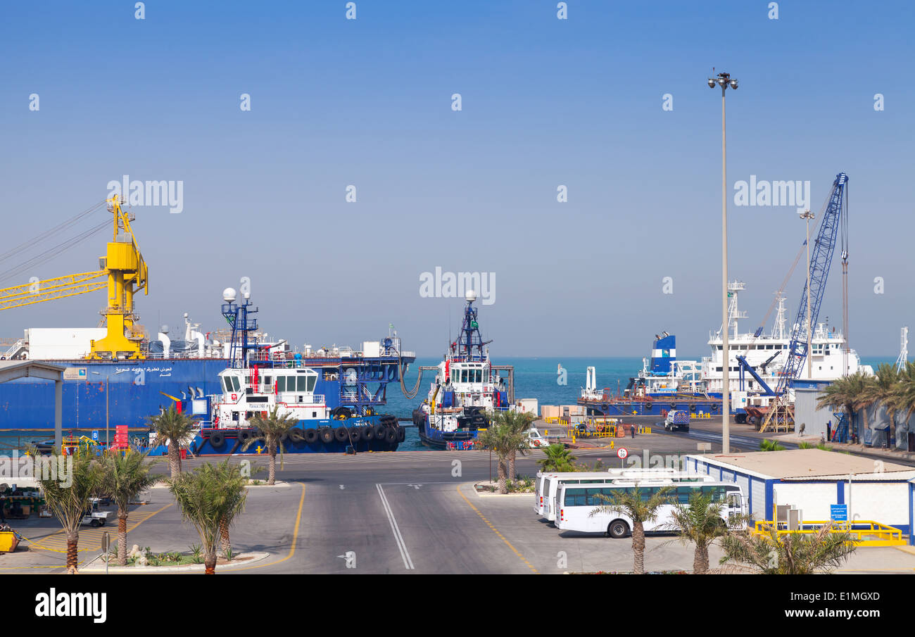 RAS TANURA, SAUDI ARABIA - MAY 21, 2014: Port view with moored ships, Saudi Arabia Stock Photo