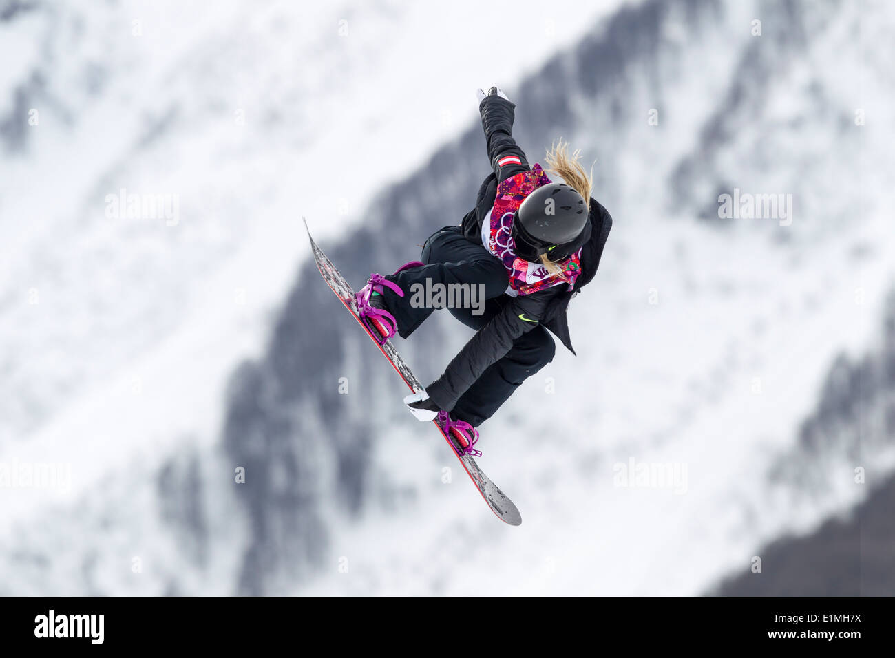 Anna Gasser (AUT) competing in Ladies's Snowboard Slopestyle at the Olympic Winter Games, Sochi 2014 Stock Photo