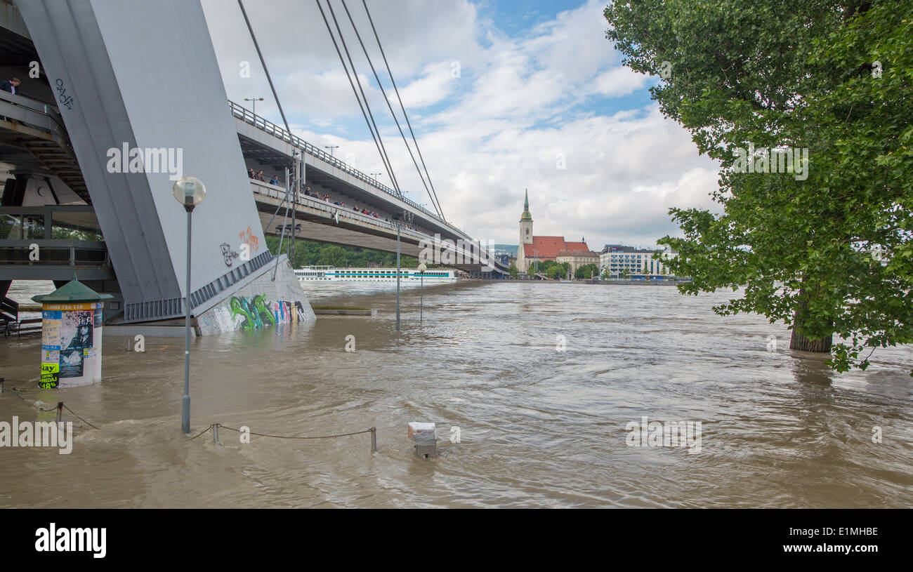 Bratislava - Danube at high flood by highest measured water and SNP bridge on background Stock Photo