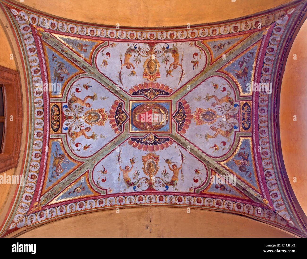 BOLOGNA, ITALY - MARCH 16, 2014: Fresco from ceiling of external corridor of Via Farini street. Stock Photo