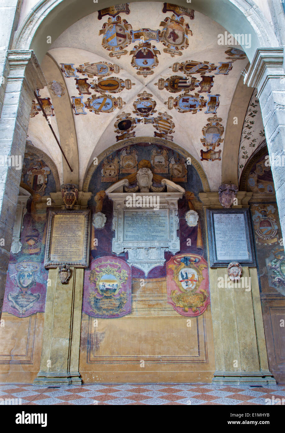 BOLOGNA, ITALY - MARCH 15, 2014: Porcicos and atrium from the entry to external atrium of Archiginnasio. Stock Photo