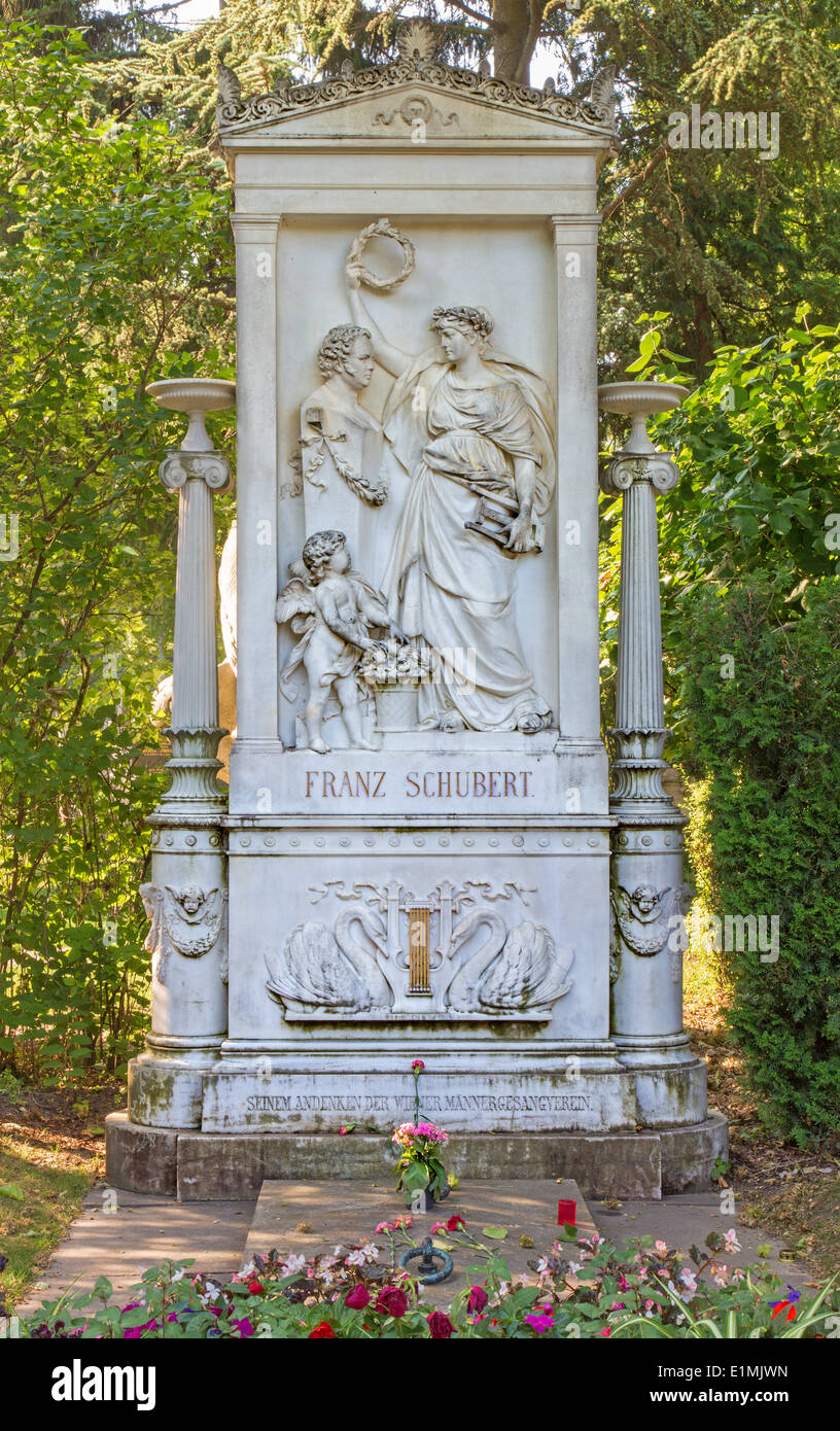 VIENNA - JULY 27: Tomb of composer Franz Schubert on the Centralfriedhoff cemetery by artist C. Kundmann Stock Photo