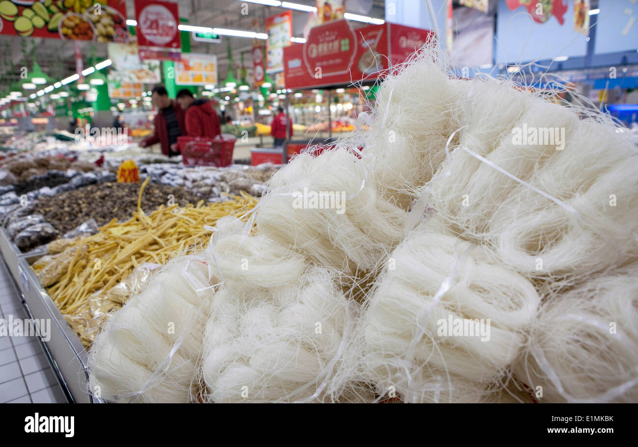 Rice noodles in supermarket 'Auchan' in Shanghai, China on 26 December 2013. Stock Photo