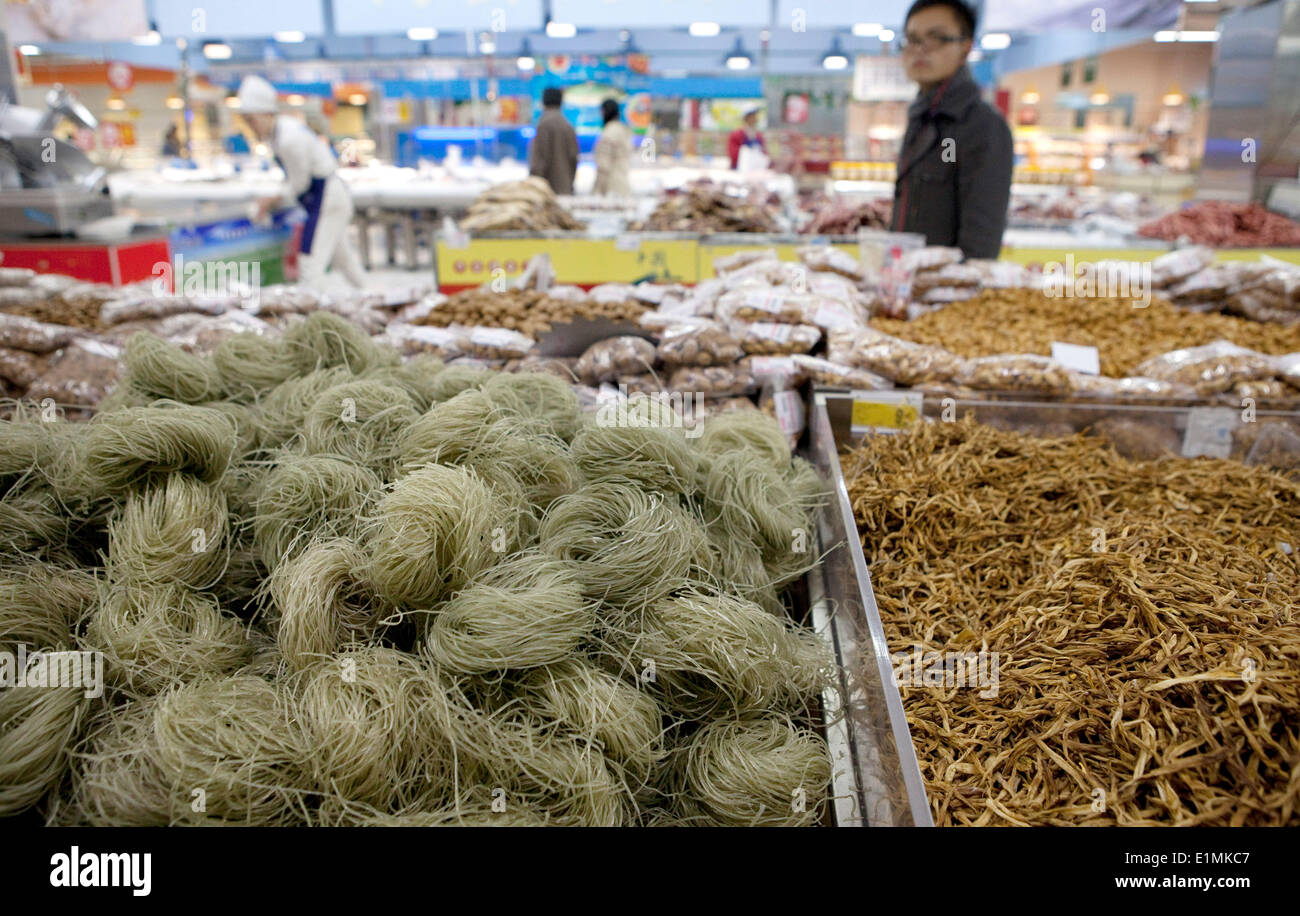 Rice noodles in 'Auchan' supermarket in Shanghai, China, on 26 December 2013. Stock Photo