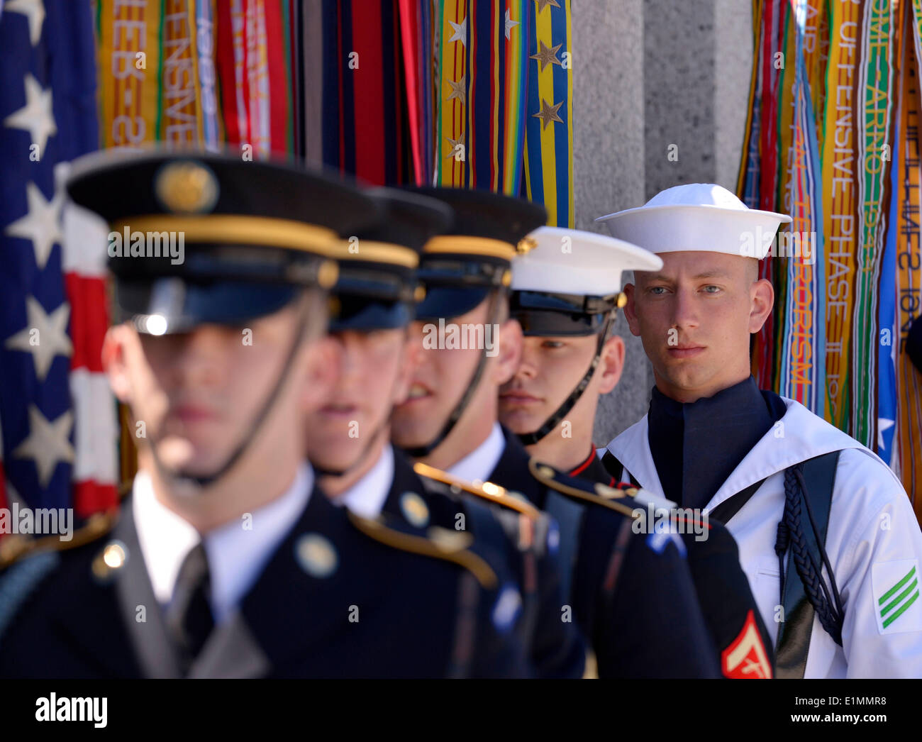 Washington, DC, USA. 6th June, 2014. Honor guard members are seen during a ceremony marking the 70th anniversary of the D-Day Normandy landings in World War II, in Washington, DC, the United States, on June 6, 2014. Credit:  Yin Bogu/Xinhua/Alamy Live News Stock Photo