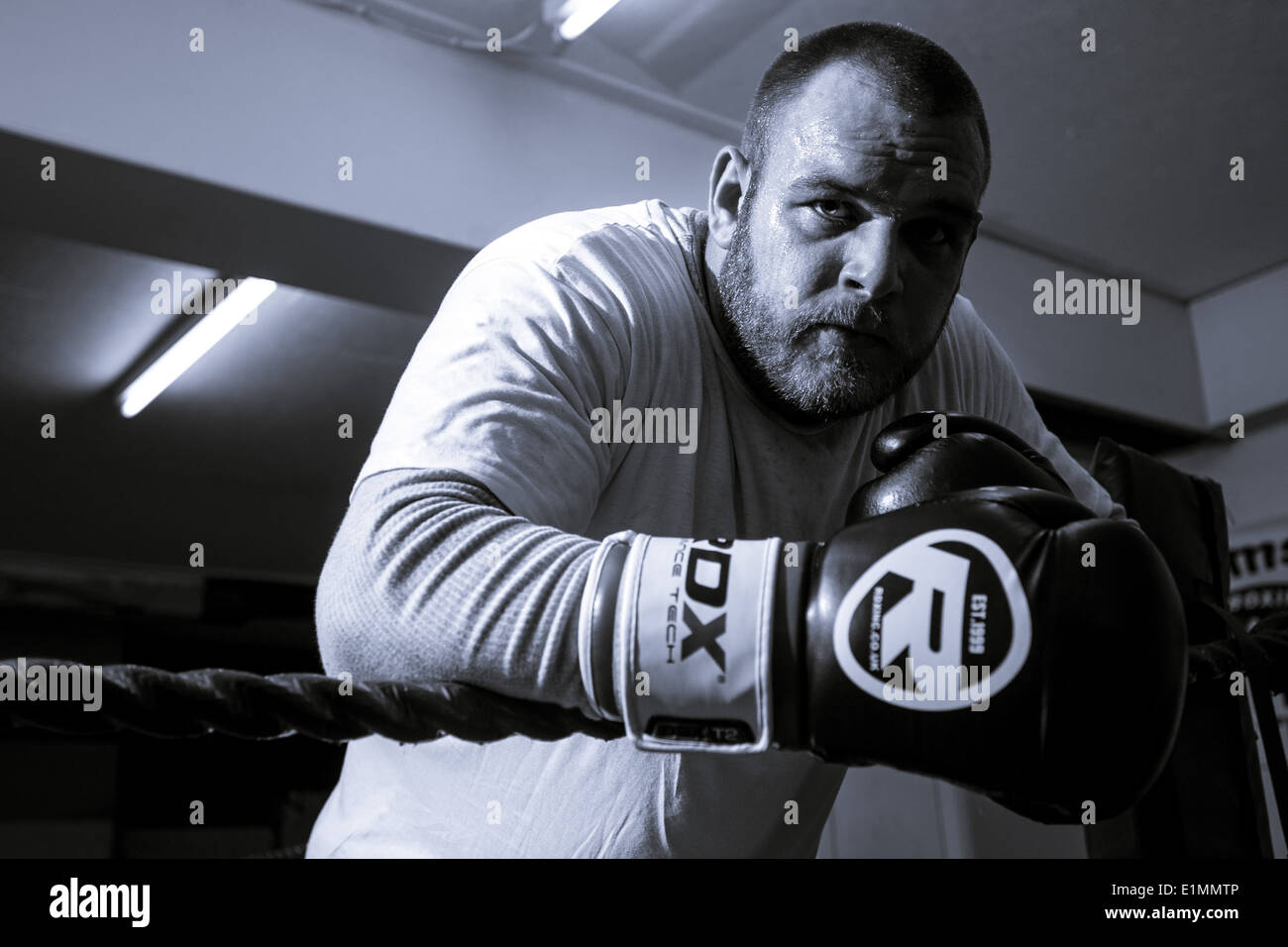 Portrait of amateur boxer leaning over the top rope of a boxing ring